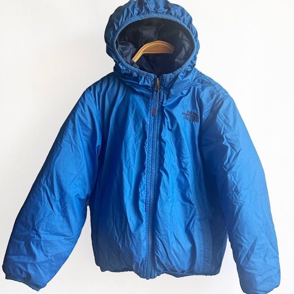 The North Face Blue and Red Puffer Jacket with Hood